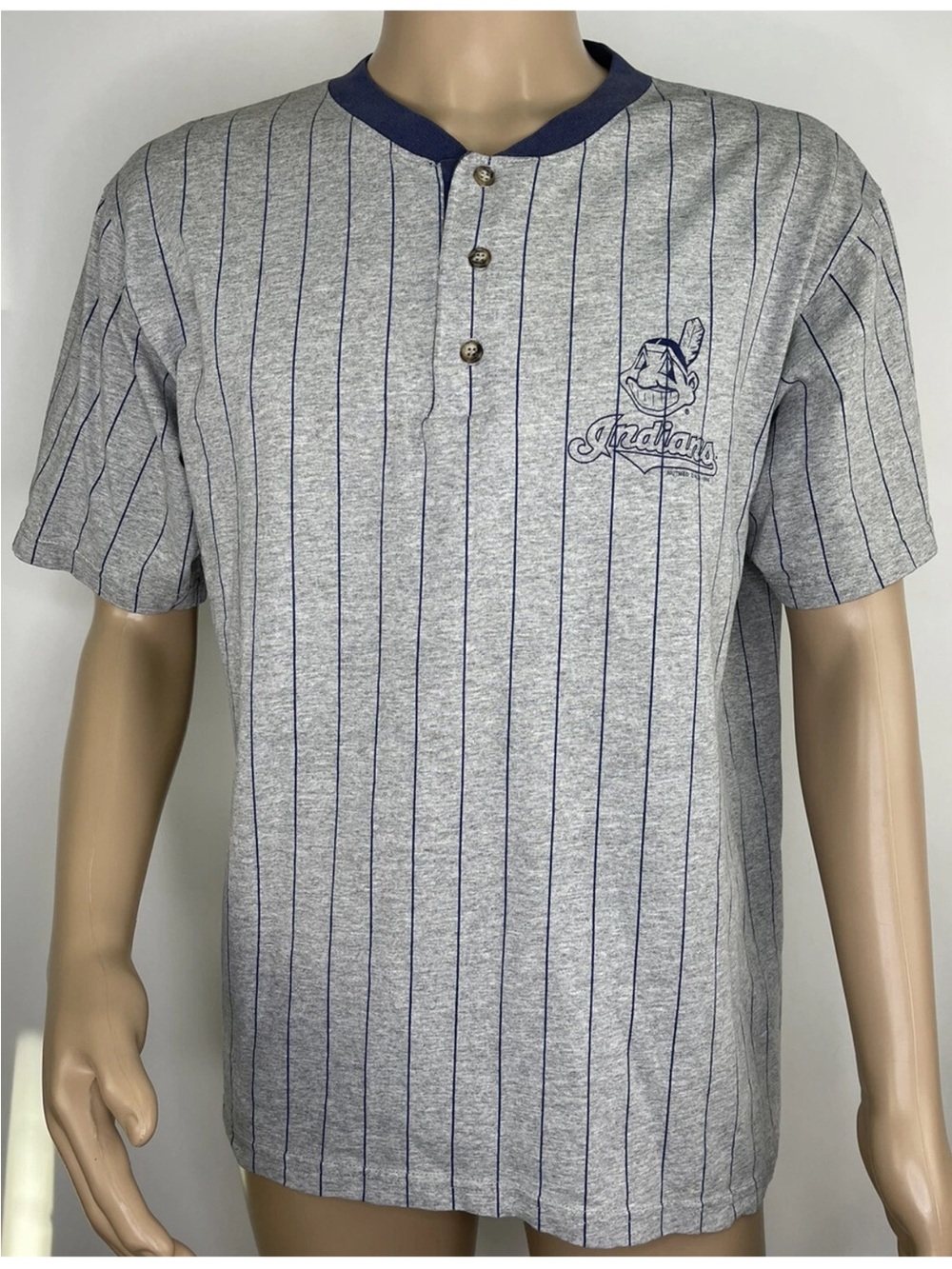 VTG Men's Lee Sports Nutmeg 1996 Cleveland Indians Striped Jersey Shirt Large